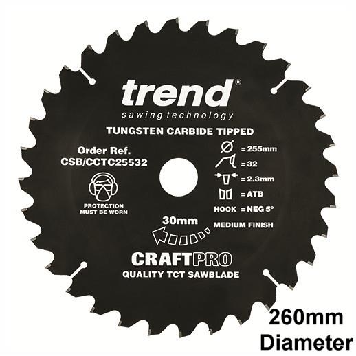 Trend CSB/CCTC26060 Craft Non Slip Mitre Saw Crosscut Circular Saw Blade; 260mm x 60 Teeth; 30mm Bore; 2.6mm Kerf