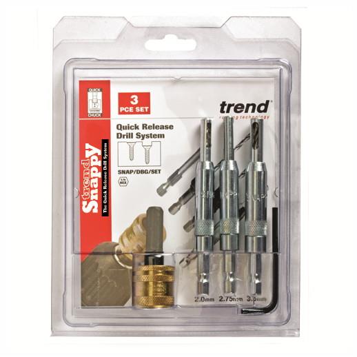 Trend SNAP/DBG/SET Snappy Sprung Loaded Self Centering Drill Bit Guide 4 Piece Set; 5/64"; 7/64"; 9/64" And Chuck