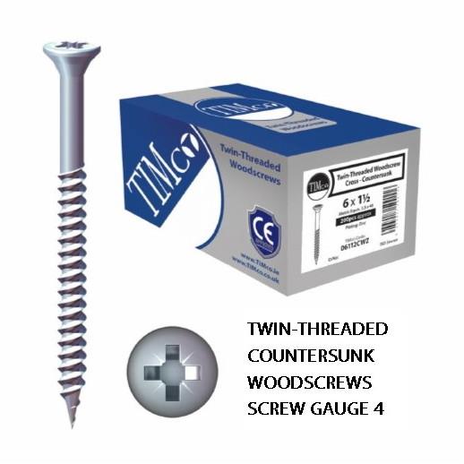 Timco Twin Thread Countersunk Head Pozi Woodscrew; Zinc Plated (ZP); 4 x 1/2