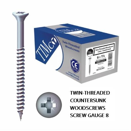 Twin Thread Countersunk Head Pozi Woodscrew; Zinc Plated (ZP); 8 x 1/2