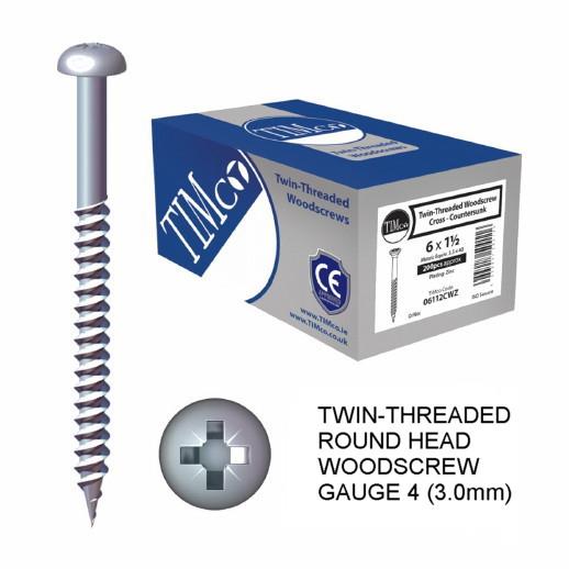 Twin Thread Round Head Pozi Woodscrew; Zinc Plated (ZP); 4 x 1/2