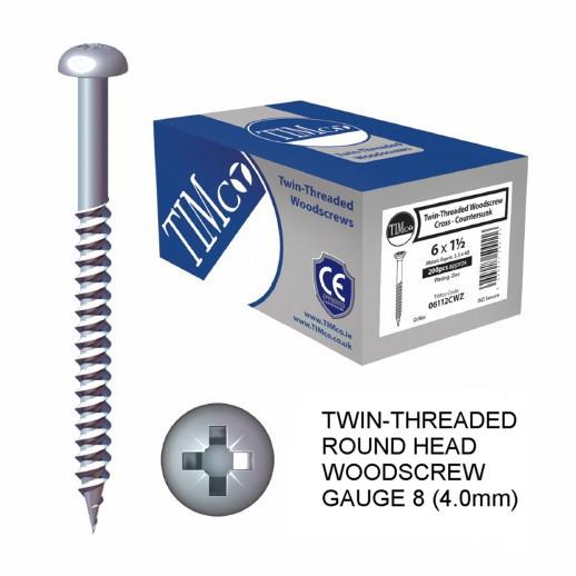 Twin Thread Round Head Pozi Woodscrew; Zinc Plated (ZP); 8 x 1/2