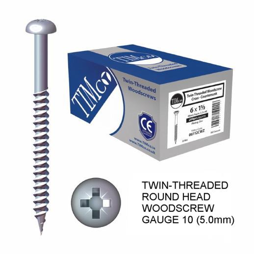 Twin Thread Round Head Pozi Woodscrew; Zinc Plated (ZP); 10 x 1