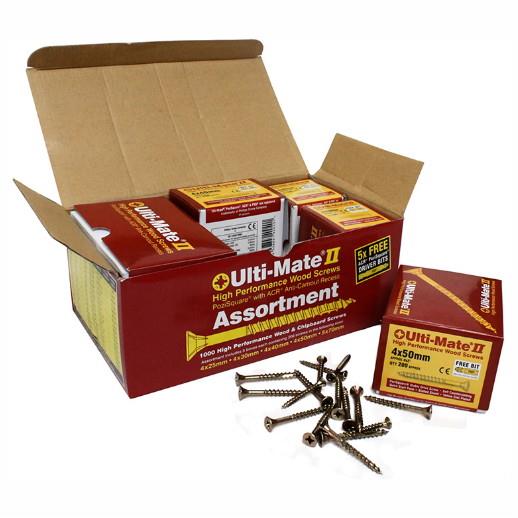 Ulti-Mate 1,000 Screw Pack; PoziSquare Singlethread Wood Screw; Single Thread Start; Zinc & Yellow Passivated (ZYP); With A Waxed Finish; 200 Each 4.0 x 25; 30; 40 & 50mm; 5.0 70mm
