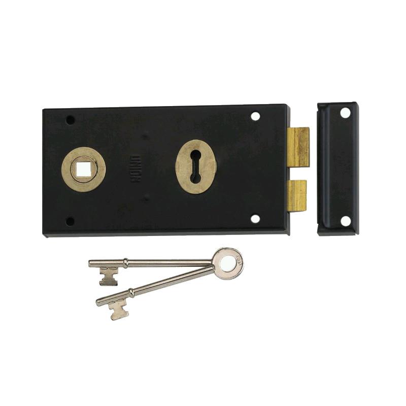Union 1448 1 Lever Double Handed Horizontal Rimlock; 2 Keys; Black (BK); 140 x 76mm (5 1/2