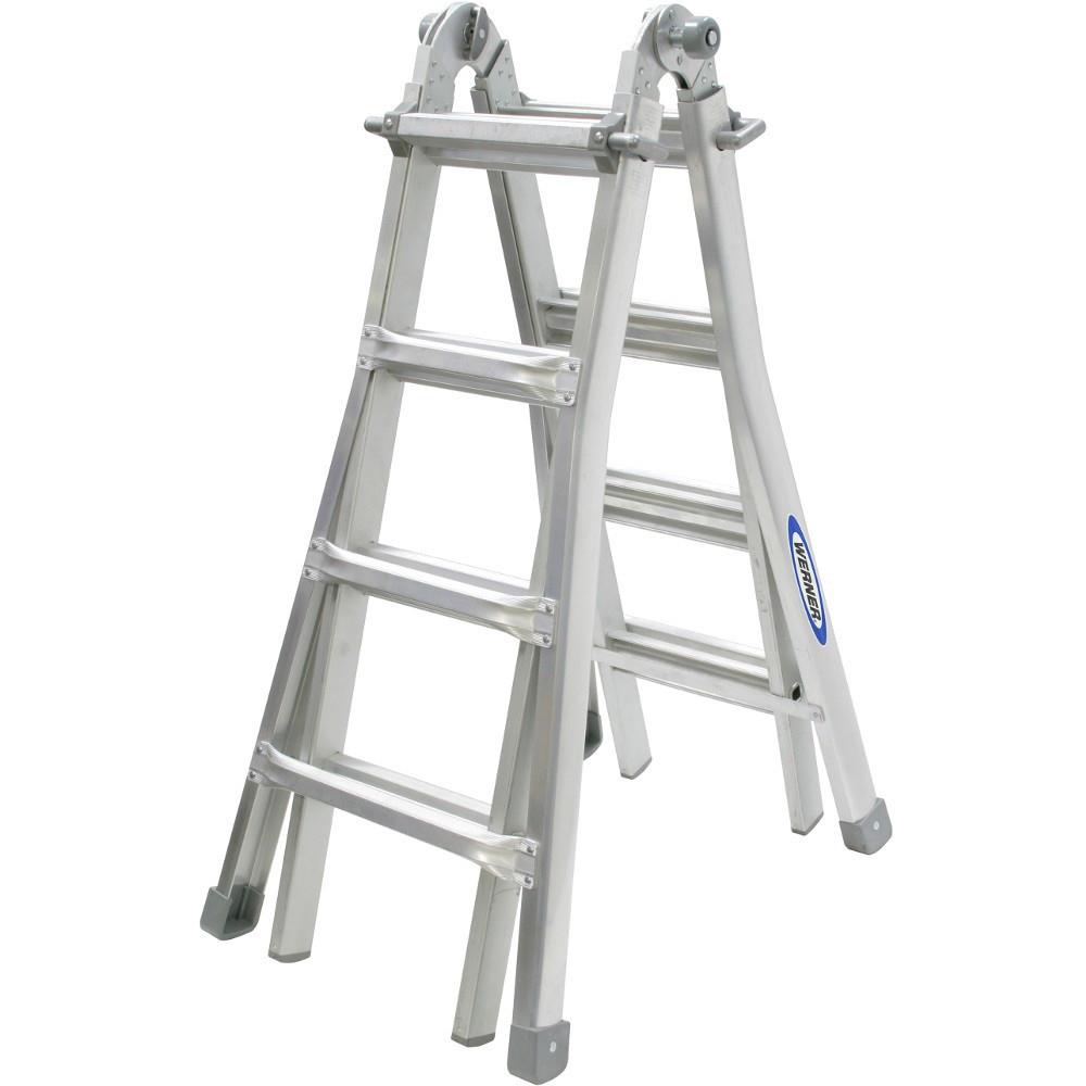 Werner 75054 Telescopic Combination Ladder; 4 Section x 4 Rung, EN131; Aluminium; 130cm Closed Length; 398cm Extended Length; 497cm Working Height; Maximum Load 150 kg (23.5 st)