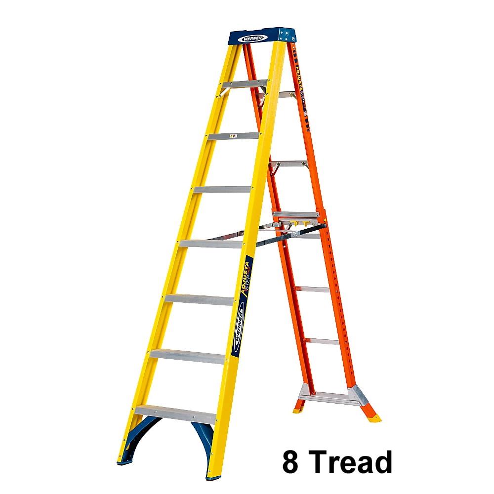 Werner 75075 8 Tread Adjusta Step Pro Ladder; Fibre Glass Stiles; Adjustable Rear Section; EN131 2018 Professional; Safe Working Height: 3.15 Metre; Maximum Load 150Kg