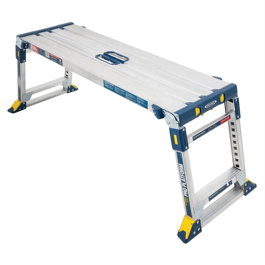 Werner 79023 Adjustable Pro Work Platform; Foldaway Workstand (Hop Up); Aluminium; 1160 x 350mm Platform; 510 - 760mm High; Maximum Load 136Kg