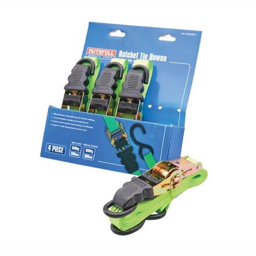 Faithfull XMS25RATCHTD FAITDRATSET4 Ratchet Tie Down Set; 5m x 25mm (16ft x 1in); Pack (4)