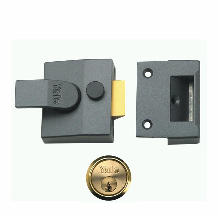 Yale 85 Cylinder Rim Nightlatch; Double Locking; Narrow Stile; 40mm Backset; Dark Metalic Grey (DMG) Case; Polished Brass (PB) Cylinder