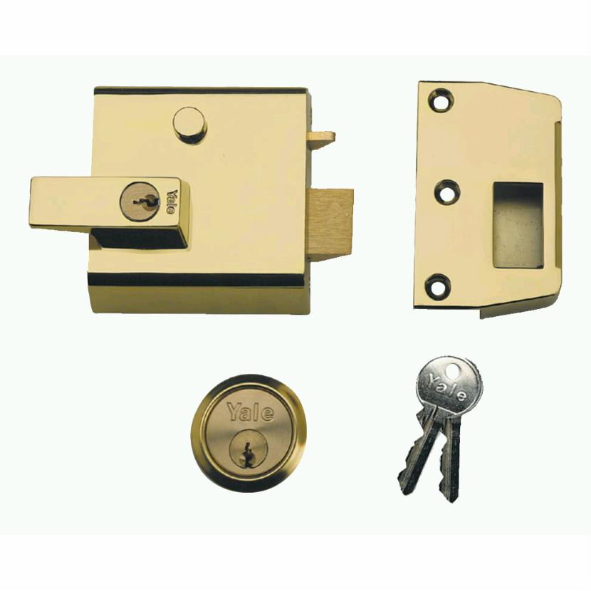 Yale No.1 Cylinder Rim Nightlatch; Automatic Deadlocking; Lockable Internal Handle; Standard Stile 84mm Case; 60mm Backset; 2 Keys; Brasslux (BX) Case; Polished Brass (PB) Cylinder