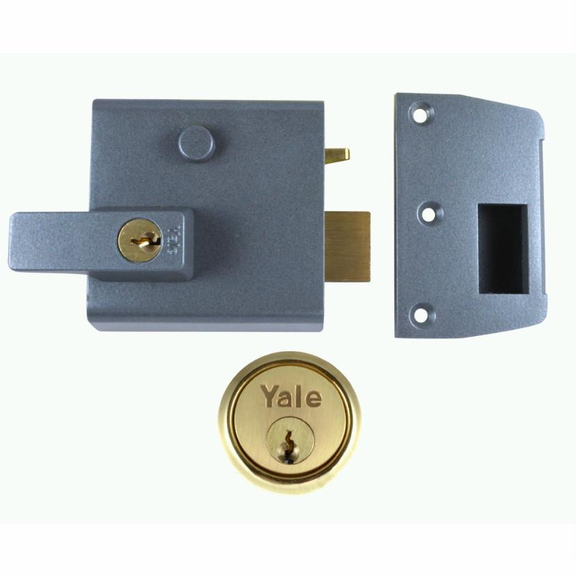 Yale No.1 Cylinder Rim Nightlatch; Automatic Deadlocking; Lockable Internal Handle; Standard Stile 84mm Case; 60mm Backset; 2 Keys; Grey (DMG) Case; Polished Brass (PB) Cylinder