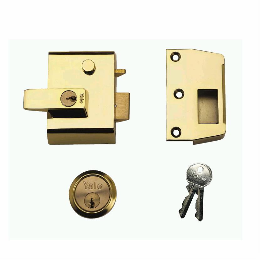 Yale No.2 Cylinder Rim Nightlatch; Automatic Deadlocking; Lockable Internal Handle; Narrow Stile 64mm Case; 40mm Backset; 2 Keys; Brasslux (BX) Case; Polished Brass (PB) Cylinder