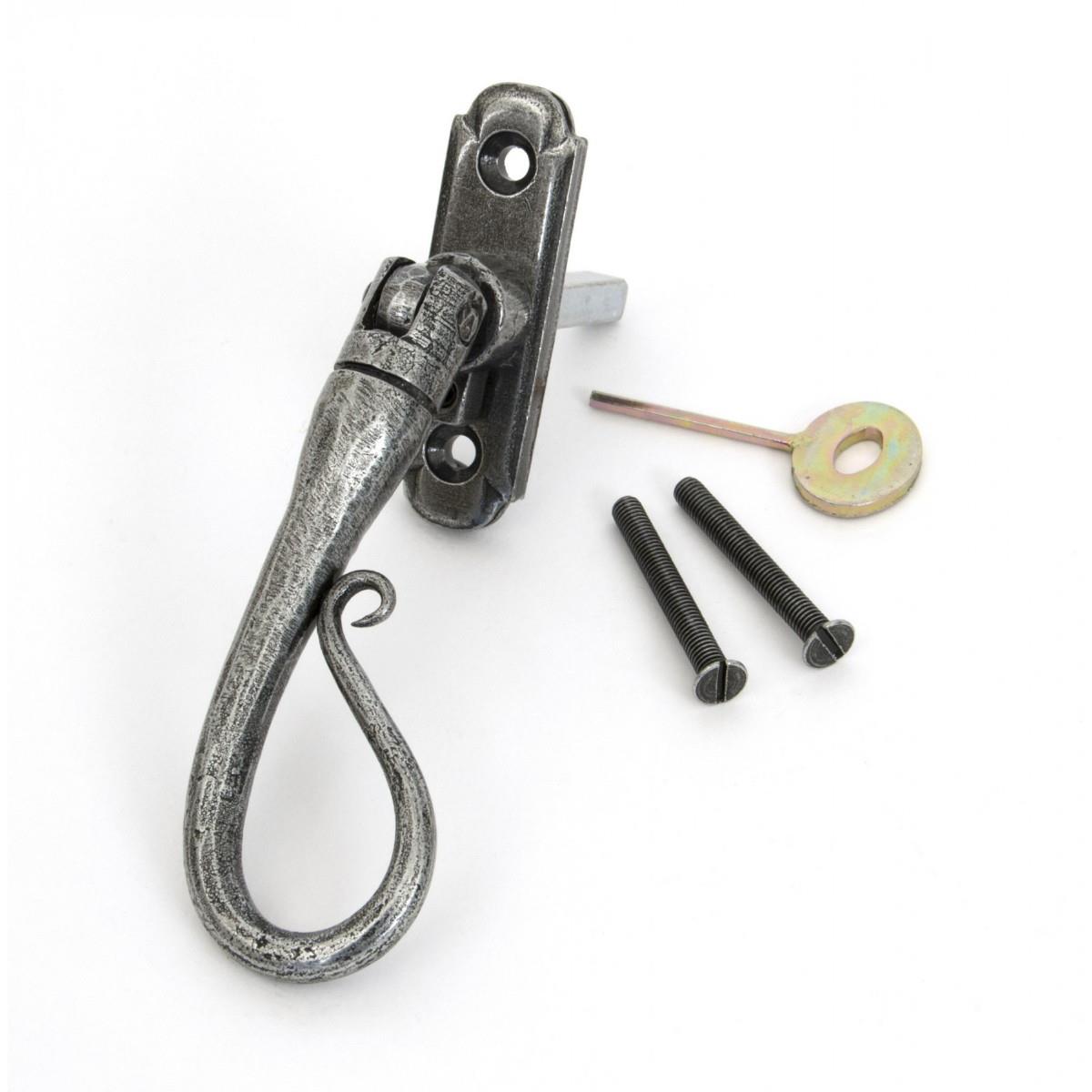 From The Anvil 33602 Shepherds Crook Espagnolette Handle; Locking; Right Hand (RH); Pewter (PE)