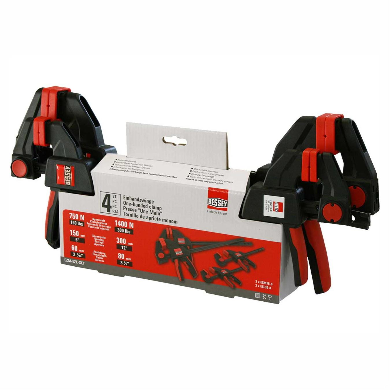 Bessey EZM-EZL One Handed 4 Piece Clamp Set; 2 Each EZM 15-6 & EZL 30-8