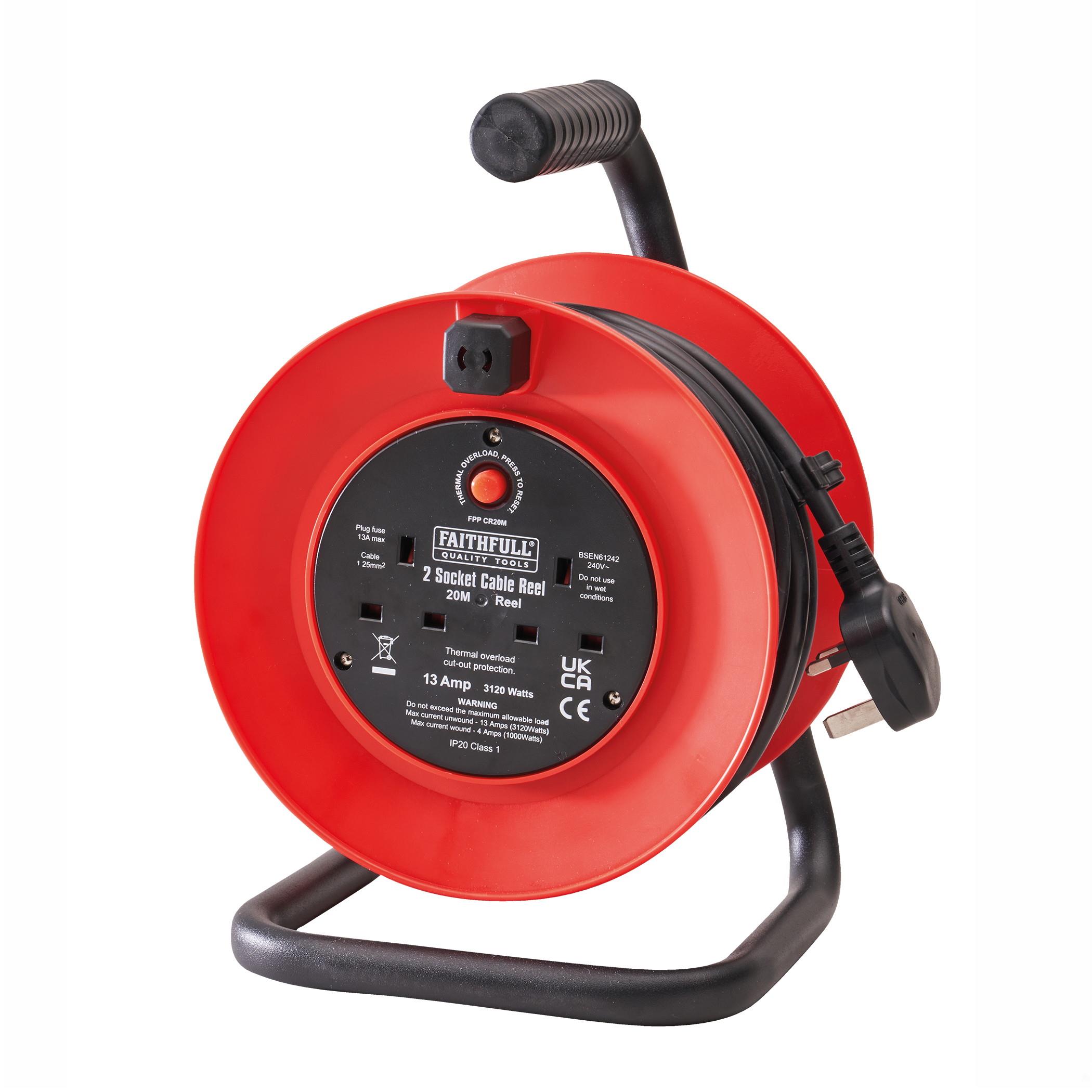 Faithfull FPPCR20M Cable Reel Extension Lead; Heavy Duty; Double Socket; 13 Amp; 20 Metre