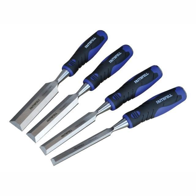 Faithfull FAIWCSGS4CR 4 Piece Soft Grip Bevel Edge Wood Chisel Set; With Storage Roll