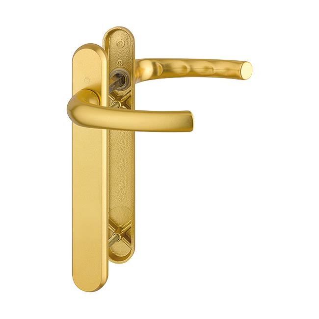 Hoppe 2758368 Tokyo Series PVCu Door Handle Set; Unsprung Lever/Lever; Blank Latch; 220 x 32mm Backplate; 2 Hole Fix; 122mm Screw Centres; 1710RH/3370N/3360N; Gold (GO) (F3)