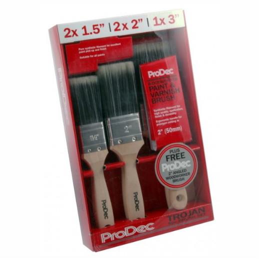 Prodec PBPT049 Paint Brush 6 Piece Set; Synthetic Professional Paint & Varnish Brushes; (2 x 38mm; 2 x 50mm & 1 x 75mm) Includes 2" Angled Woodworker Brush