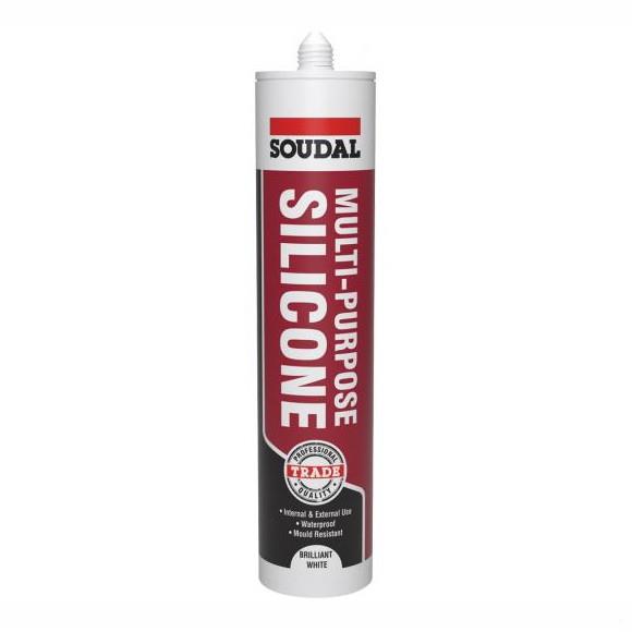 Soudal 121643 Multi-Purpose Silicone; Low Modulus Acetoxy Sealant With Fungicide; Brilliant White (BWH); 270ml