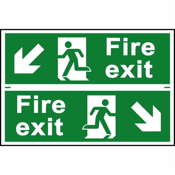 Spectrum Sign 1511 "Fire Exit" (Running Man; Arrow Diagonal Down / Left / Right); Self Adhesive Semi Rigid (PVC); 300 x 200mm; Sheet (2) 300 x 100mm