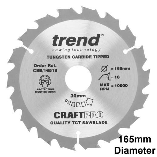 Trend CSB/16518 Craft Circular Saw Blade; 165mm x 18 Teeth x 30mm Bore (16 & 20mm Bore Bushing Washers Supplied)