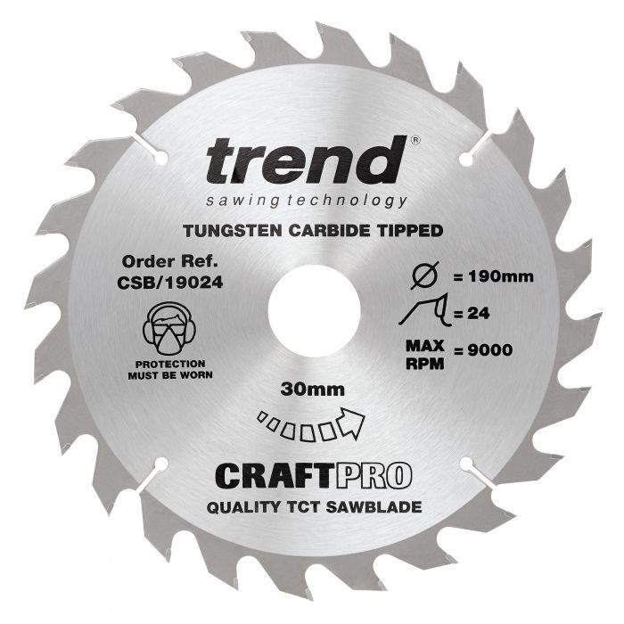 Trend CSB/19024 Craft Circular Saw Blade; 190mm x 24 Teeth x 30mm Bore (16 & 20mm Bore Bushing Washers Supplied)