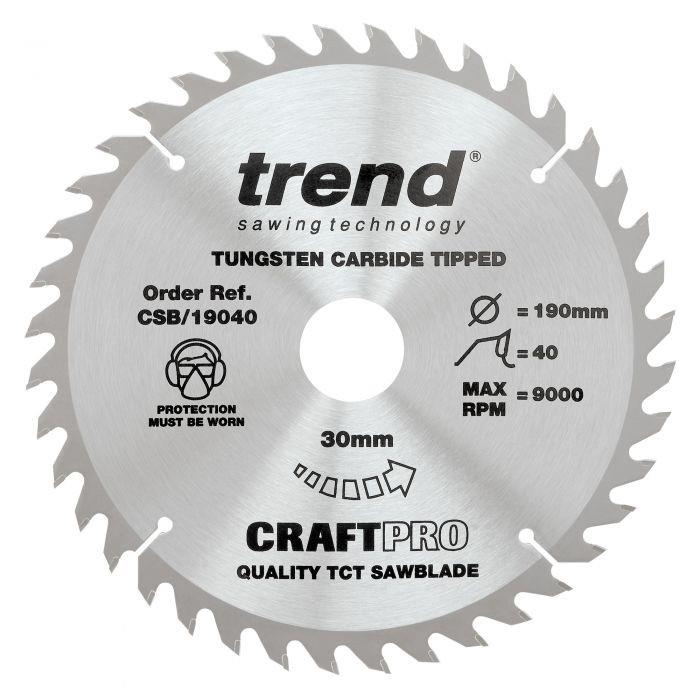 Trend CSB/19040 Craft Circular Saw Blade; 190mm x 40 Teeth x 30mm Bore (16 & 20mm Bore Bushing Washers Supplied)