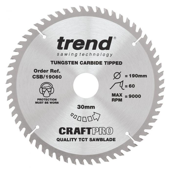 Trend CSB/19060 Craft Circular Saw Blade; 190mm x 60 Teeth; 30mm Bore; (16 & 20mm Bore Bushing Washers Supplied); 2.8mm Kerf