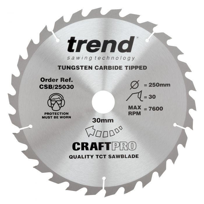 Trend CSB/25030 Craft Circular Saw Blade; 250mm x 30 Teeth; 30mm Bore (16, 20 & 25.4mm Bore Bushing Washers Supplied)