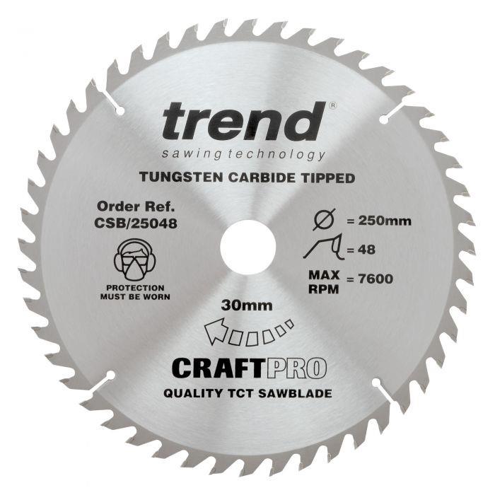 Trend CSB/25048 Craft Circular Saw Blade; 250mm x 48 Teeth x 30mm Bore (16, 20 & 25.4mm Bore Bushing Washers Supplied)