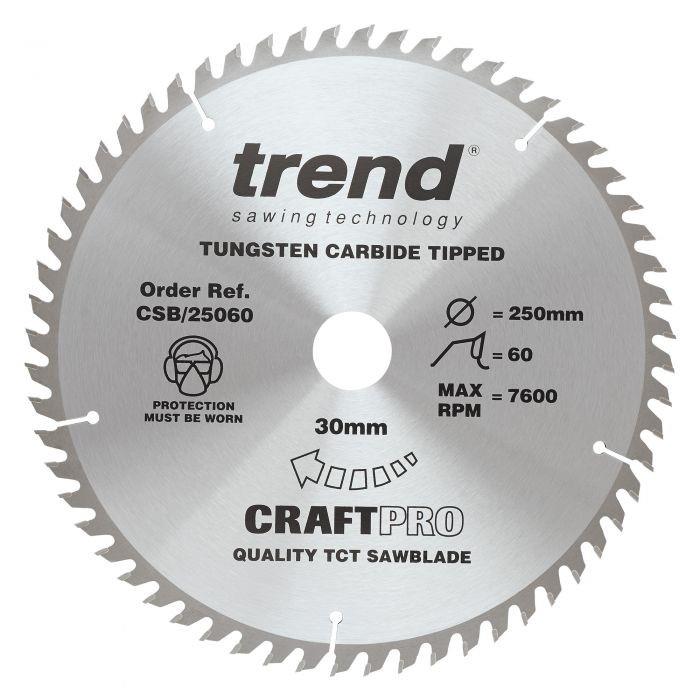 Trend CSB/25060 Craft Circular Saw Blade; 250mm x 60 Teeth; 30mm Bore (16, 20 & 25.4mm Bore Bushing Washers Supplied)
