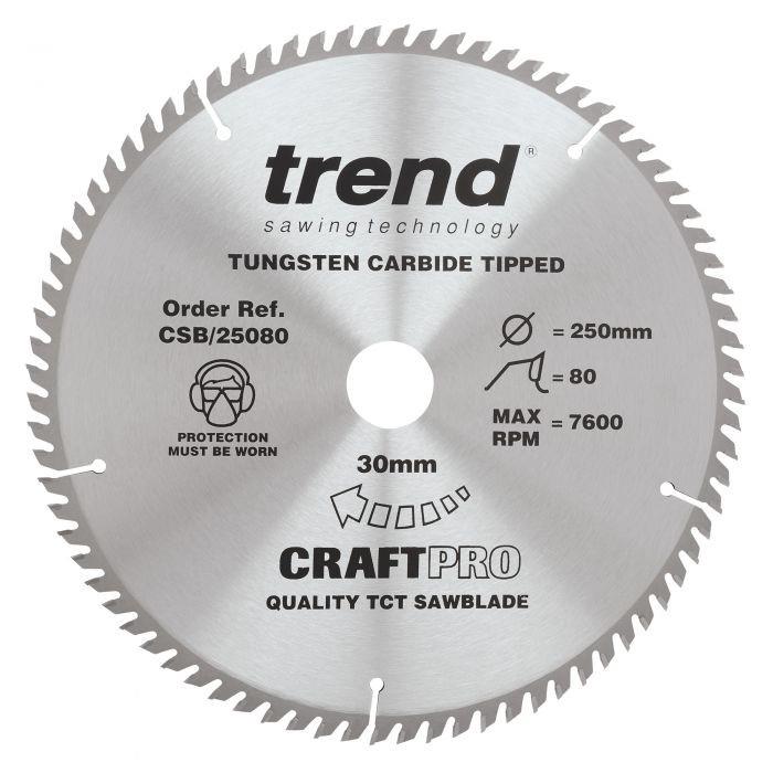 Trend CSB/25080 Craft Circular Saw Blade; 250mm x 80 Teeth; 30mm Bore (16; 20 & 25.4mm Bore Bushing Washers Supplied)